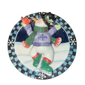 Ganz 5 Inch 3 Dimensional Skating Snowman Hanging Decor Plate Wall Tree Ceramic